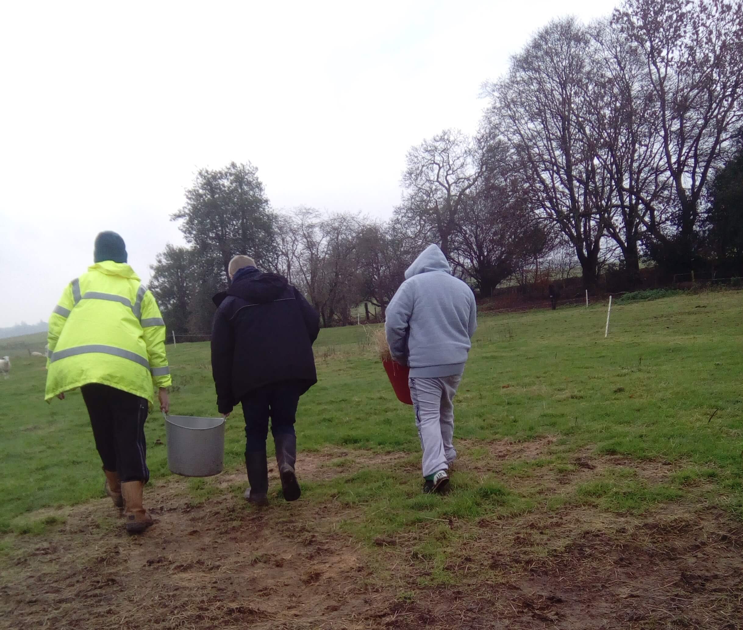 A photo of three lads walking through a field